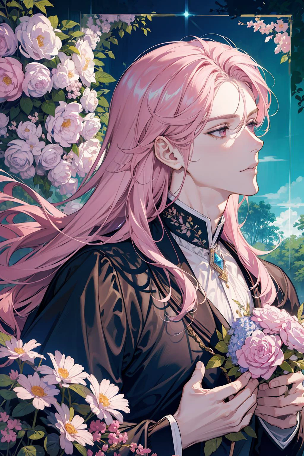 (absurdres, highres, ultra detailed), 1 male, adult, handsome, tall muscular guy, broad shoulders, finely detailed eyes, very long hair, pink hair, wavy hair, flowers, diamond, jewelry, garden, forest, portrait, (dutch angle), closed mouth