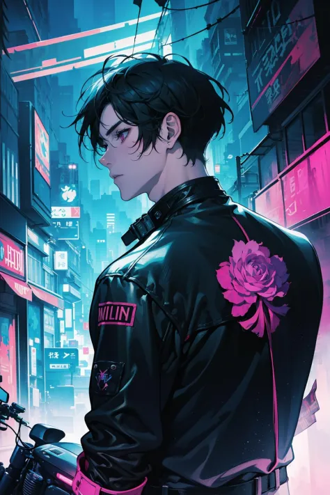 (absurdres, highres, ultra detailed), 1 male, adult, handsome, tall muscular guy, broad shoulders, finely detailed eyes, Cyberpunk, motorcycle, neon hair, holographic, black jacket, intense run, speed, night city, neon sign, skyscraper, from directly above, Cyan, Magenta, (dutch angle), closed mouth