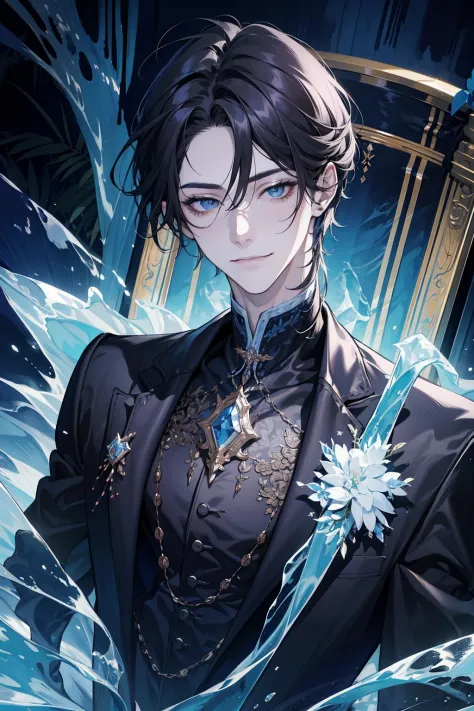 (absurdres, highres, ultra detailed), 1 male, adult, handsome, tall muscular guy, broad shoulders, finely detailed eyes, dark color hair, fantasy, complex pattern, detailed face, throne, magic effect, best ratio four finger and one thumb, ice, bitter cold, cold snap, smile, (dutch angle), closed mouth