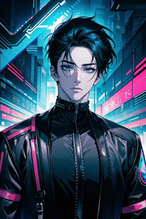 (absurdres, highres, ultra detailed), 1 male, adult, handsome, tall muscular guy, broad shoulders, finely detailed eyes, Cyberpunk, motorcycle, neon hair, holographic, black jacket, intense run, speed, night city, neon sign, skyscraper, from directly above, Cyan, Magenta, (dutch angle), closed mouth