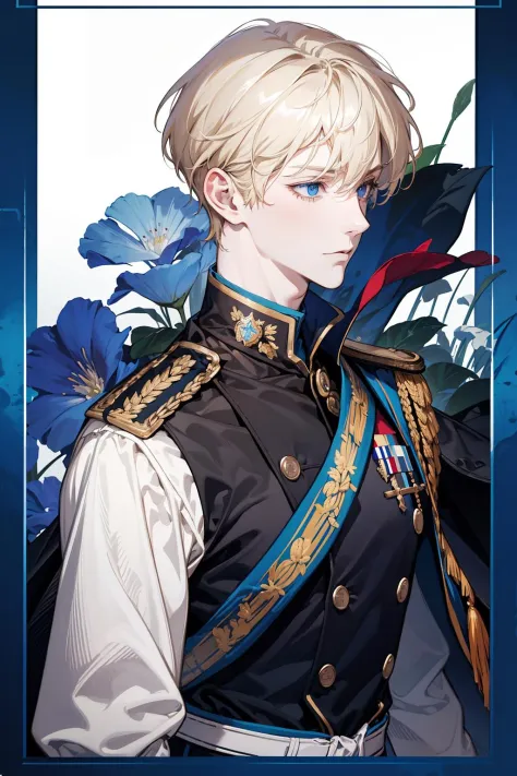 (absurdres, highres, ultra detailed), 1 male, adult, handsome, tall muscular guy, broad shoulders, finely detailed eyes, Fantasy, royal, nobleman, Admiral, short hair, blonde hair, blue eyes, fleet commander, navy, commander, white uniform, (dutch angle), ...