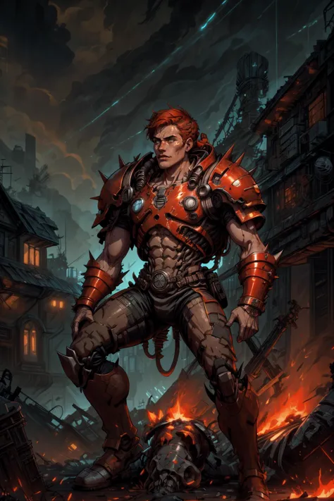 a man in armor standing in front of a city with flames