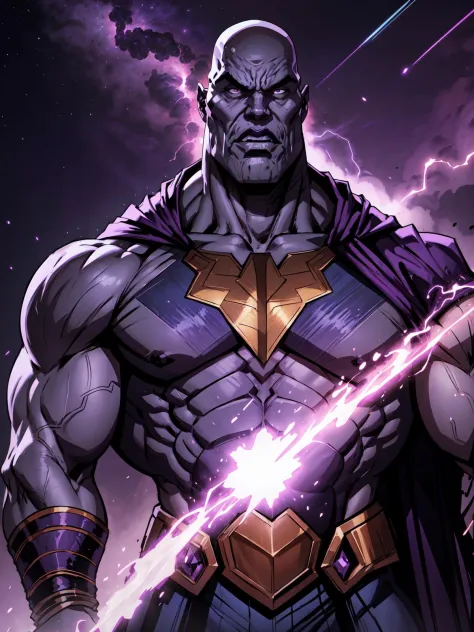 giant muscular man, male focus, stunning angry Thanos, bald, purple cape, nebula space background, volumetric light, upper body, muscle, muscular, fantasy, dynamic angle, dynamic pose