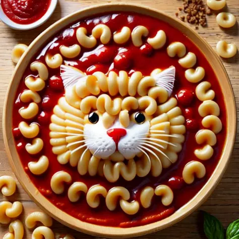 Cat made of fresh elbow macaroni, hot fresh elbow macaroni body of cat form, elbow macaroni head, tomato sauce above, perfect co...