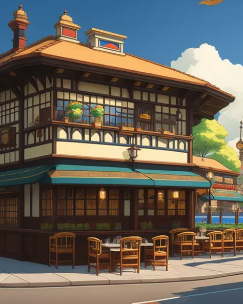 Restaurant in studio ghibli style, Professional, masterpiece, commissioned, best quality, Color Corrected, fixed in post, CHV3SW...