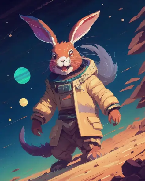 Photo of a rabbit monster in the space, style of laurie greasley, studio ghibli, akira toriyama, james gilleard, genshin impact, trending pixiv fanbox, acrylic palette knife, 4k, vibrant colors, devinart, trending on artstation, low details, Professional, ...