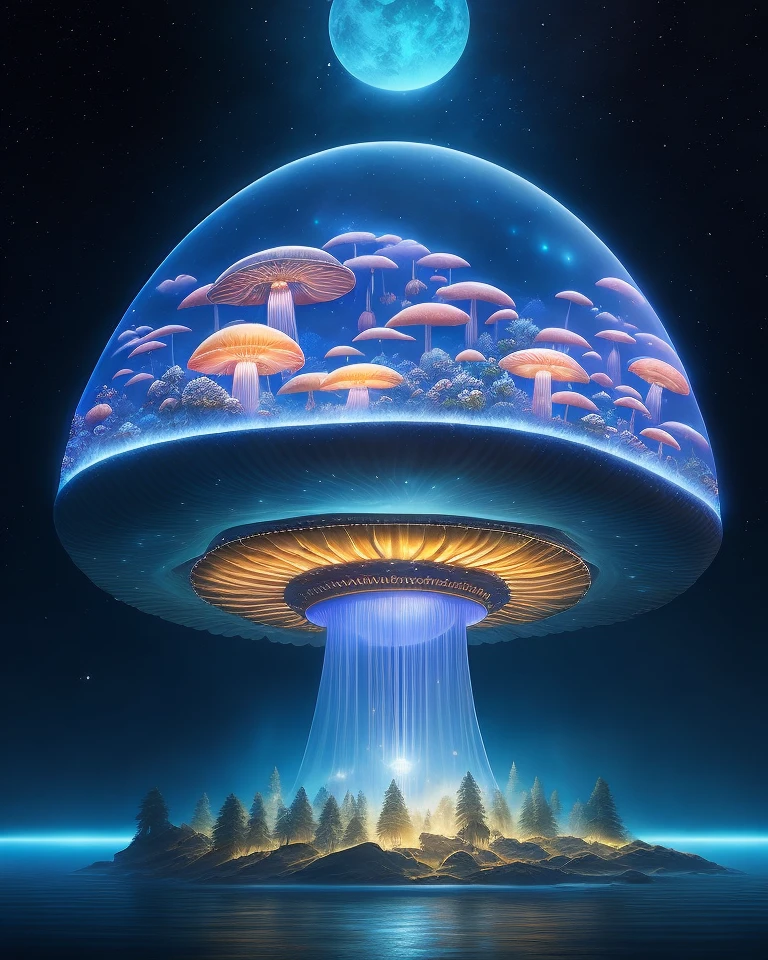 Le monde des champignons est ma maison. un détail réaliste d&#39;une mégapole virtuelle de champignons bioluminescents brillants à l&#39;intérieur d&#39;une méduse flottante dans la mer sombre, Metropolis dans le noir la nuit est comme un voyage spirituel à travers une forêt de champignons, cosmique, Céleste, Dieu rayons, détail orné, cinématique, Professionnel, chef-d&#39;œuvre, commandé, meilleure qualité, couleur corrigée, corrigé en poste, CHV3SSciFi, CHV3SUrbain, CHV3SMonde, CHV3SMacro, CHV3SDombre