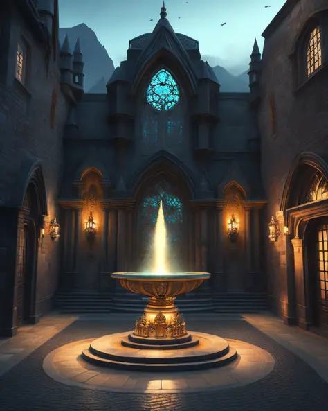 An arcane academy with a fountain in front, dark ages. Professional, masterpiece, commissioned, best quality, Color Corrected, f...