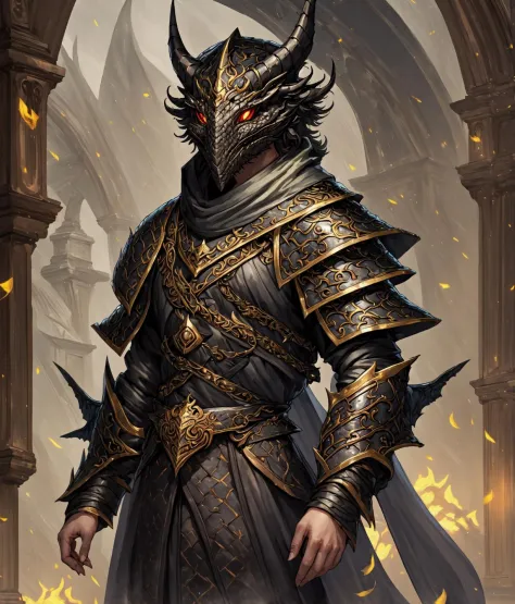 Digital art painting of a black dragonborn wearing armored wizard robes, [:highly detailed symmetrical dragon helmet and mask, highly detailed eyes, ornate dragon scale armor:.15], [dnd portrait painted by craig mullins and gaston bussiere and greg rutkows...
