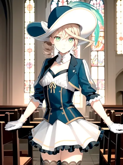 anime girl in a church with a hat and gloves