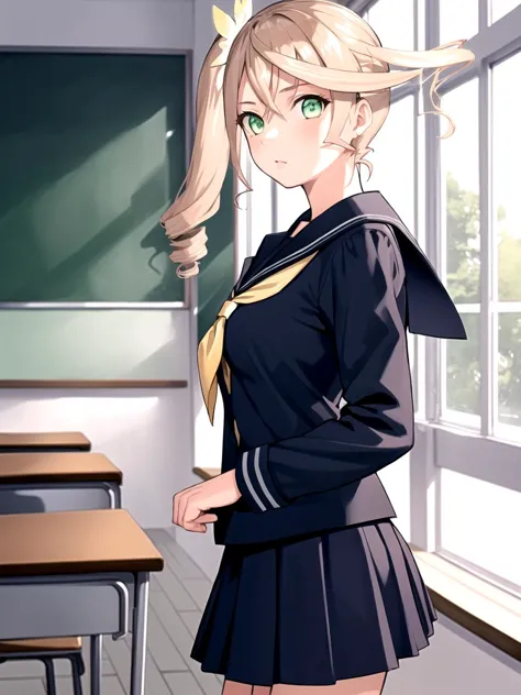 anime girl in uniform standing in front of a classroom with a blackboard