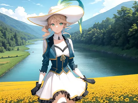 anime girl in a white dress and hat standing in a field of flowers