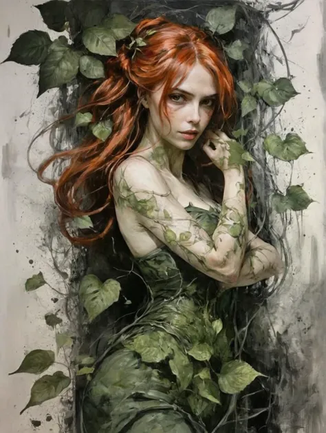 a painting of a woman with red hair and green leaves