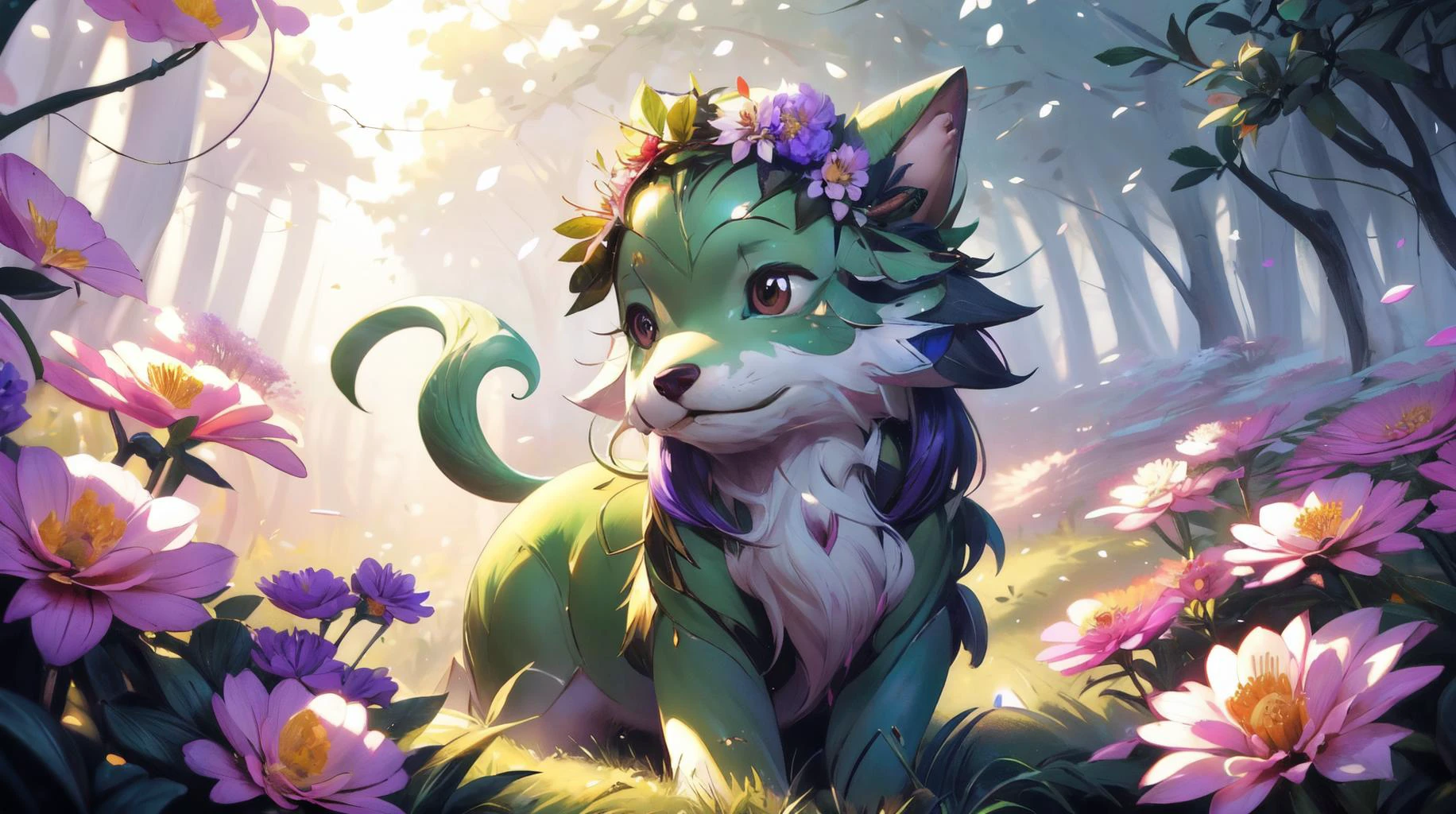 (masterpiece, best quality, fullscreen), [(full body:1.0)::0.3] portrait (photo of a small vegetal [magical being:flower creature:0.4] Vining in a lush forest:1.4), snake eyes, (Hairy bark skin:1.4), (several Tyrian Purple Star-shaped flowers on the head:1.1), (Scorpion body shape:1.1), (Dog head:1), (several Five-Fingered Hands:1.3), naturemagic, MAGICAL ENERGY, (dryad:1.1.), (Blue Hour Light lighting:1.1), , (look at the viewer:1), , (Full body Shot, Shallow Focus Shot, Low Angle Shot:[1.2:0.5:0.1]), heavily detailed, fairytale, whimsical, , (sharp focus), fakemtg, (no humans), ricate, elegant, highly detailed, digital painting, artstation, concept art, smooth, sharp focus, illustration, octane render, art by Leesha Hannigan, Ross Tran, Thierry Doizon, Kai Carpenter, Ignacio Fernández Ríos