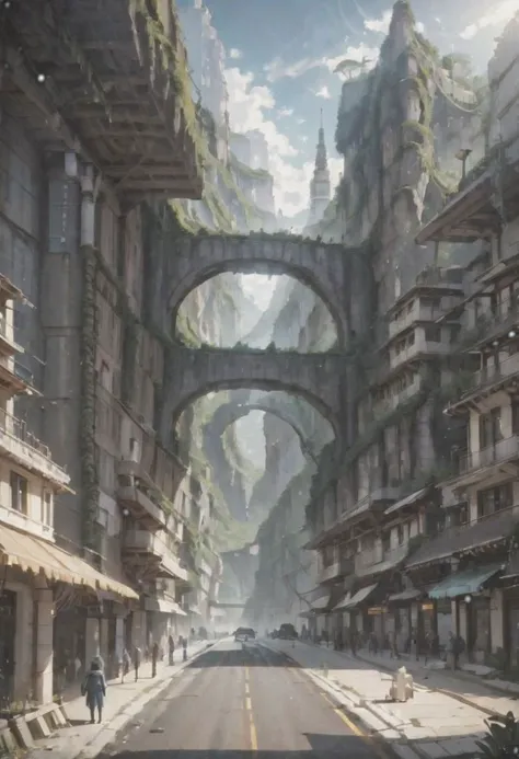 there is a picture of a street with a bridge in the middle