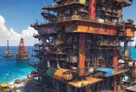 junkworld, an Apartment building on top of a oil well platform in the sea, sailboats, vivid colorful paint on building