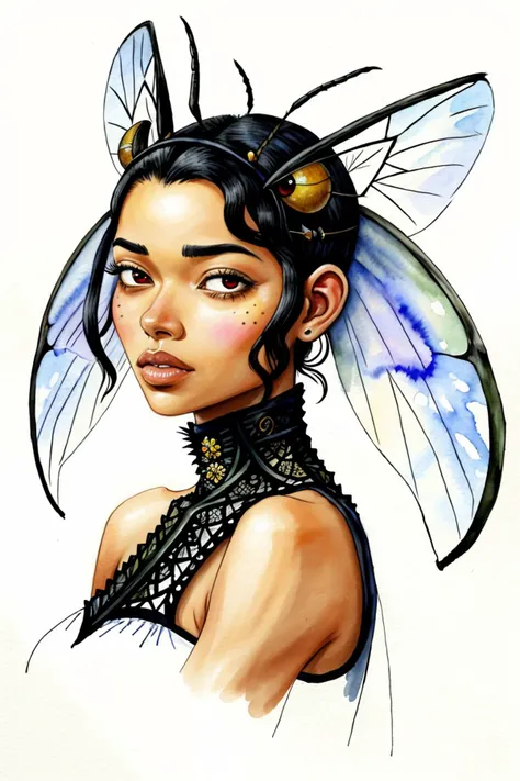 a drawing of a woman with a butterfly headpiece and wings