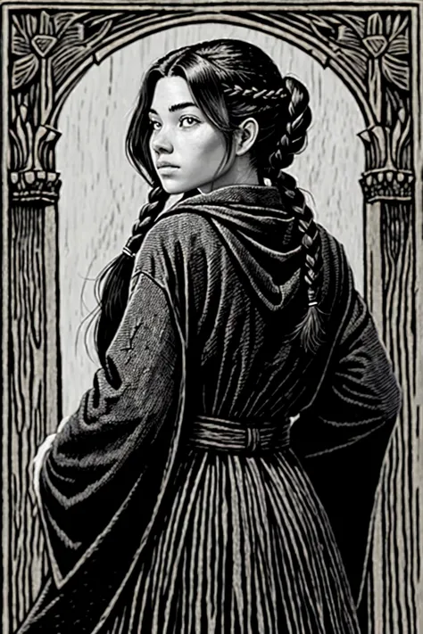 (woodcut style, engraved, textured, detailed, monochrome:1.15), half-body of <lora:sd15_locon_raybitancourt_32_v1:.9> raybitanco...