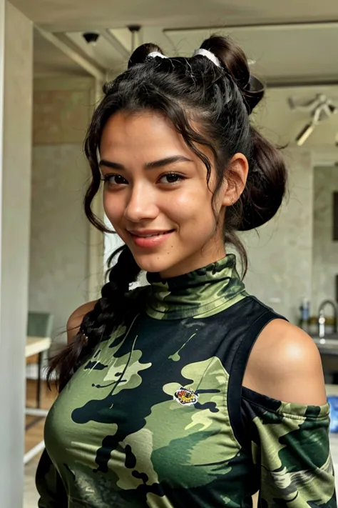 half-body of photo of <lora:sd15_locon_raybitancourt_32_v1:.9> raybitancourt, focus on smiling face, wearing camo , her hair is ...