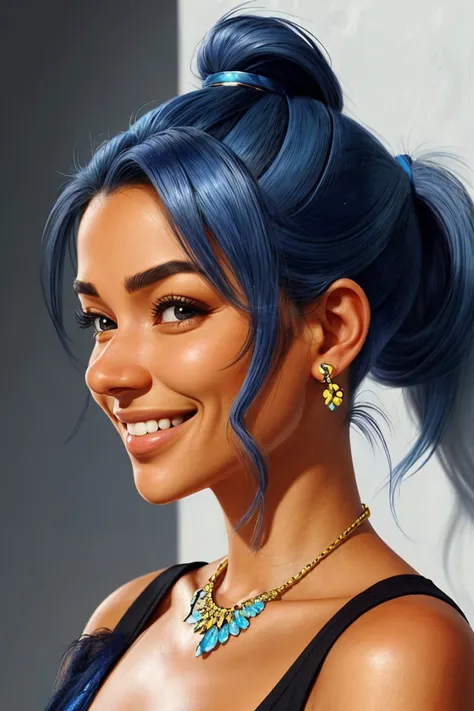 (trompe-l'oeil style, illusion, realistic, highly detailed:1.15), <lora:sd15_locon_RayBitancourt_32_v1:.9> RayBitancourt, focus on eyes, close up on face, huge smile, wearing jewelry, carolina blue color hair styled as sleek ponytail,