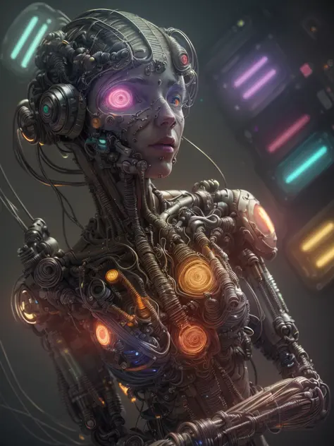 [award winning photo portrait of a cute smile girl standing outside a cyberpunk neon city street:award winning photo of a cyborg, bundle of glowing fiber optic cables:0.2], epic realistic, art, (hdr:1.2), (muted colors:1.2), pastel, hyperdetailed, (artstat...
