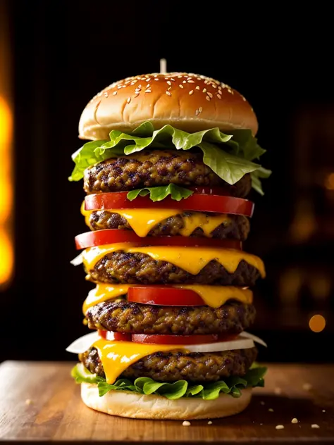 closeup product shot of ultra realistic juicy cheeseburger against a nightclub interior, closeup, backlit, advertisement