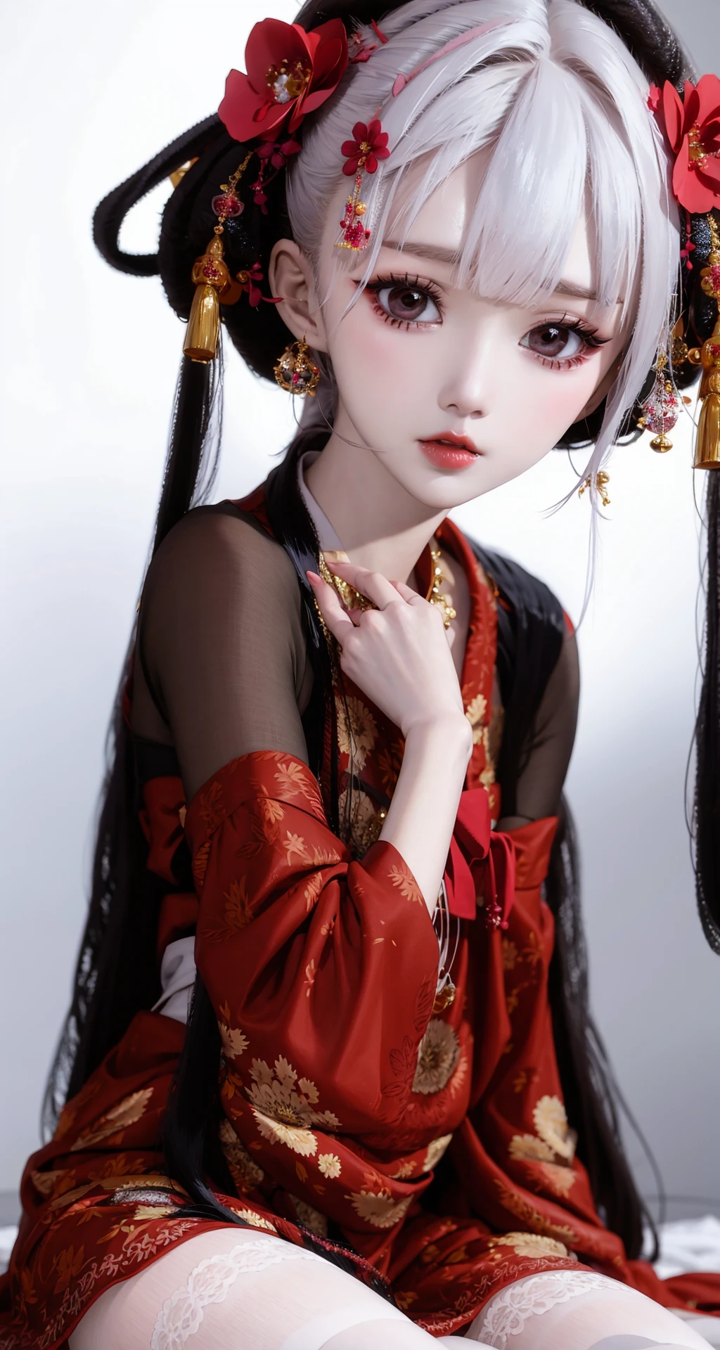 ((solo)),1 girl,Kpop idol,best quality, masterpiece,white hair,thighhighs over pantyhose,hanfu,Flower,hanfu girl,(detailed face:1.2)