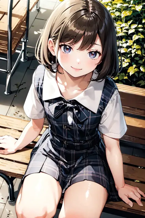 ((((illustrated style:1.5)))), quality, 1girl,(solo:1.2),best animated,(black outline style:1.2), (ultra detailed hair:1.1),Hires,(Illustrated city background:1.2),1girl, Dark hair,very short hair, dark eyes,beautiful city, in Japan,summer time, shiny skin,,soft white_skin,half close eyes,happy smile,natural make up, (middle curled hair ),tilt head ,Neat and clean high school uniform,Plaid pleats skirt,beautiful barefoot,white short-triple-folded-socks for school,((cute color cloth)),from above,((bust up shot)),shiny hi detail black_loafers,siting on bench,easy natural,
,shyness,((Rembrandt lighting:0.8)), lens flare:1.2,