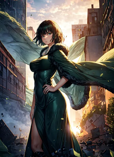 1girl,fubuki\(one punch man\),black hair,short hair,green eyes,taut clothes,big breasts,green dress,fur coat,white coat,necklace,standing,serious expression,arrogant look,arrogant expression,city ruins,(from below),wind around,strong winds,tornado,masterpi...