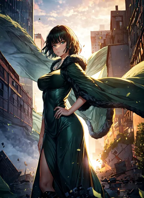 a woman in a green dress standing in a city