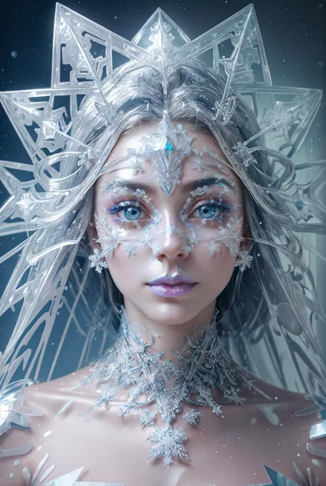 otherworldly analog photo, (dynamic pose:1.2), (dynamic camera), (Scandinavian woman with a face painted with a swirl pattern, glittering diamond star tiara), posing for fashion, (long silver hair that flows like a river, wind floating hair), snowflake, (intricate snowflakes volumetric abstract background:1.3), in the style of intimacy, dreamscape portraiture, solarization, solarization effect, reflections and mirroring, shiny kitsch pop art, photobash, (composition centering, conceptual photography), (natural colors, correct white balance, color correction, dehaze, clarity), detailed textures, photography, detailed photography, photoshadow, <lora:Snowflakes-V1:0.5> <lora:add_detail:0.25> <lora:beautiful eyes:0.5>