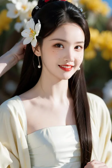 <lora:mn_20231013150828:0.9>,mn,1girl,solo,realistic,hair ornament,looking at viewer,red lips,black hair,long hair,flower,blurry...
