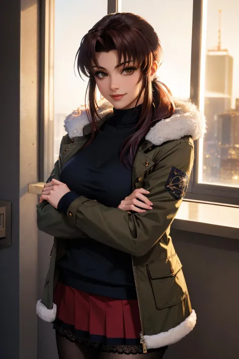 (masterpiece, best quality:1.2), solo, 1girl, revy, smile, looking at viewer, crossed arms, ponytail, v-shaped eyebrows, fur-trimmed jacket, brown jacket, black shirt, red skirt, pantyhose 