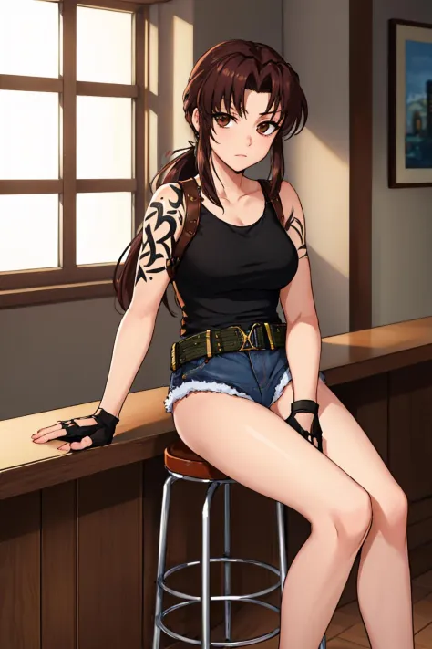 (masterpiece, best quality:1.2), solo, 1girl, revy, expressionless, looking at viewer, sitting, stool, ponytail, tank top, finge...