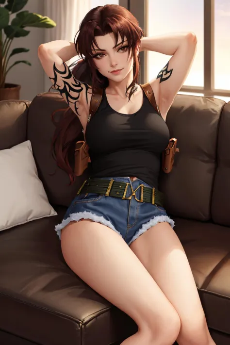 (masterpiece, best quality:1.2), solo, 1girl, revy, smirk, looking at viewer, sitting, arms behind head, couch, ponytail, tank t...