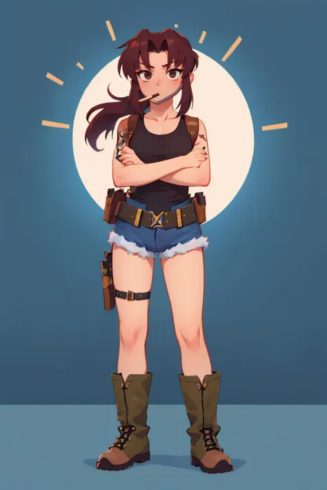 (masterpiece, best quality:1.2), solo, 1girl, revy, looking at viewer, pocky in mouth, crossed arms, ponytail, tank top, fingerless gloves, denim shorts, boots, belt, holster <lora:blacklagoon_revy-10:1> <lora:concept_pockyinmouth:1>