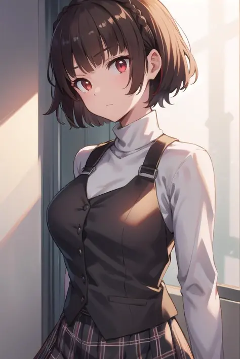 coton, makoto nijima, frange émoussée, tresser, cheveux bruns, crown tresser, (les yeux rouges:1.3), Cheveux courts,
casser black collants, black jupe, black gilet, arc, vêtements à carreaux, checkered jupe, manches longues, minijupe, collants, plaid, plaid jupe, plissé, plissé jupe, red arc, uniforme scolaire, chemise, Académie Shujin , jupe, Pull-over, Pull-over gilet, col roulé, col roulé Pull-over, gilet, white chemise, white Pull-over
casser looking at viewer,
casser indoors, Salle de classe,
casser (chef-d&#39;œuvre:1.2), Meilleure qualité, haute résolution, unité 8k fond d&#39;écran, (illustration:0.8), (Beaux yeux détaillés:1.6), visage extrêmement détaillé, éclairage parfait, CG extrêmement détaillé, (des mains parfaites, Anatomie parfaite),