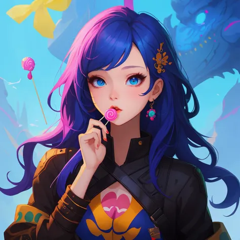 there is a woman with a lollipop in her hand, candy girl, artwork in the style of guweiz, beautiful digital artwork, cute detail...