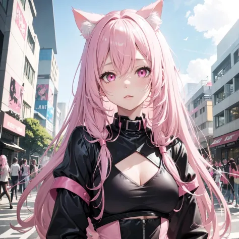 1girl, long hair, light pink hair, cat\_girl, pink eyes, black\_collar, pink leotard, portrait, upper body, futuristic, scenery,...