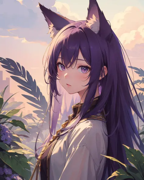 (masterpiece:1.0), (highest quality:1.12), (HDR:1.0), (masterpiece:1.0), (highest quality:1.12), (HDR:1.0), 1girl, solo, flat colors, colorful, animal ear fluff, solo, plants, (purple), gradient background, smooth lighting, (splash art:0.8), portrait, (upper body:0.85)