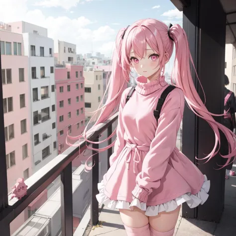 1girl, pink eyes, pink hair, twintails, pink sweater dress, (pink stockings), pink thighhighs, scenery, outside,