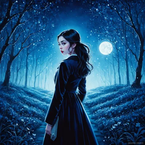 a woman in a long dress standing in a forest at night