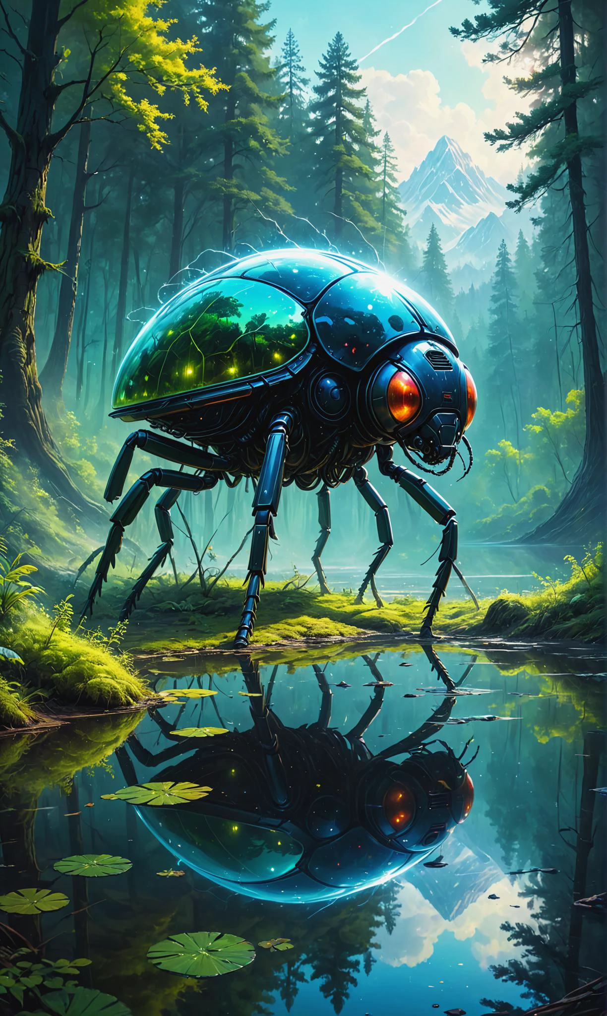 Insectoïdes mutants avec des exosquelettes cracheurs d&#39;acide dans le lac Mirror reflétant un royaume d&#39;un autre monde, peinture numérique ultra fine, Style artistique Dreamyvibes