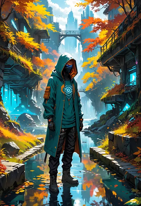 villano malvado Netrunner subterráneo con piratería cibernética, moda escandalosa, Lago tranquilo que refleja los colores del otoño en el fondo, los rayos del sol brillan sobre él, camiseta_diseño, Estilo artístico Dreamyvibes, enfoque nítido, muy detallado