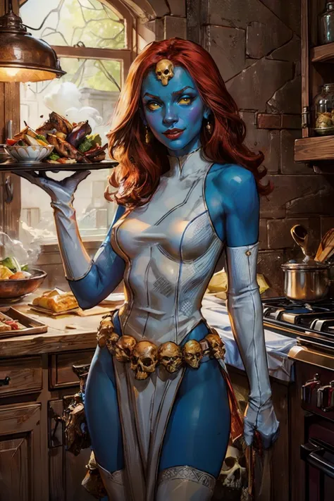 a woman in blue costume holding a plate of food in a kitchen