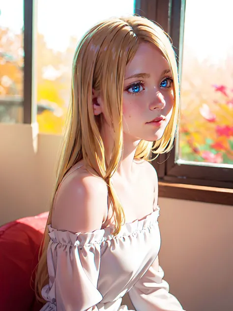 blond haired girl sitting on a red couch looking out a window