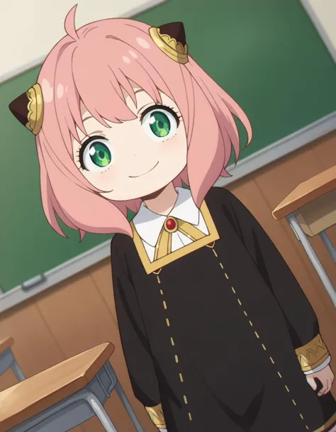 anime girl with pink hair and green eyes standing in front of a blackboard