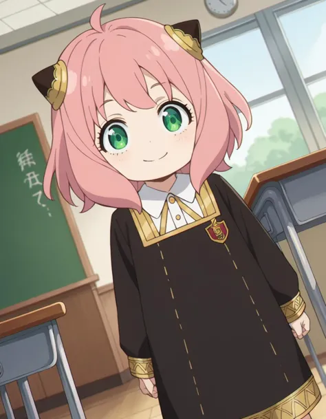 anime girl in a school uniform standing in front of a chalkboard