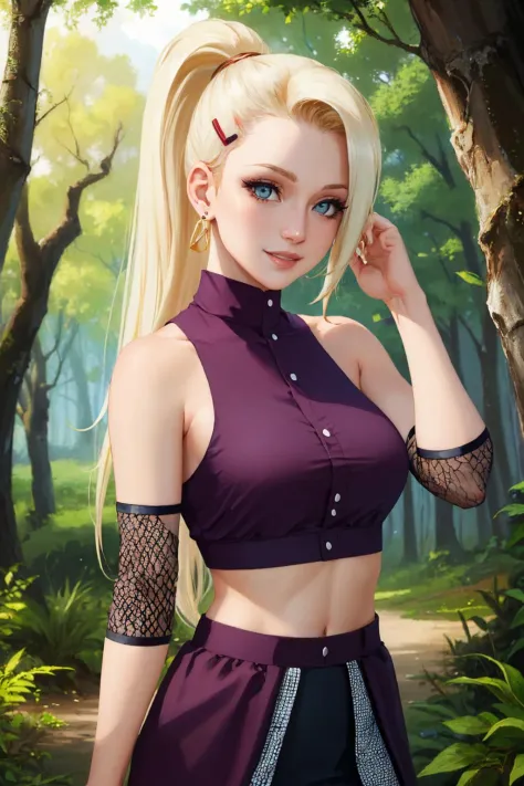 (masterpiece, best quality:1.2), solo, 1girl, yamanaka ino, smile, looking at viewer, hair over one eye, ponytail, hairclip, cro...