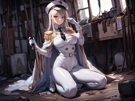 anime girl in white uniform kneeling on floor with sword